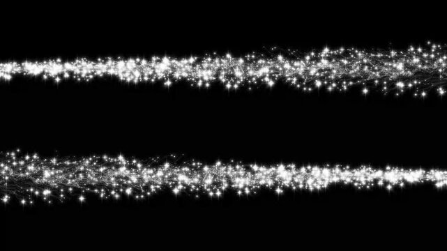 Twin parallel sparkling silver dust trails moving horizontally against a dark motion background, enhanced with luminous optical beams for corporate video intros