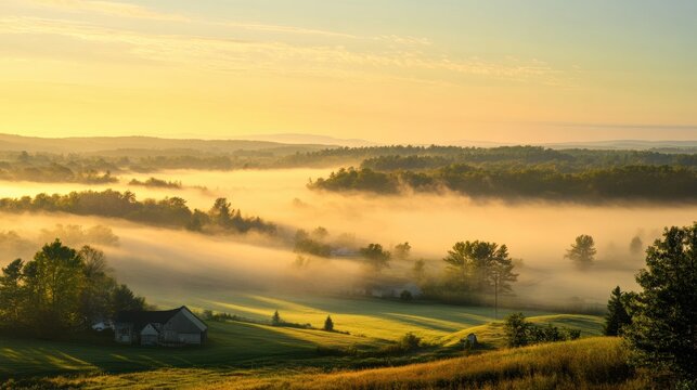 Golden sunrise over misty rural landscape with farm buildings