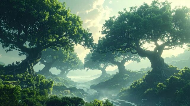 Majestic trees frame a serene river valley, bathed in soft, diffused light