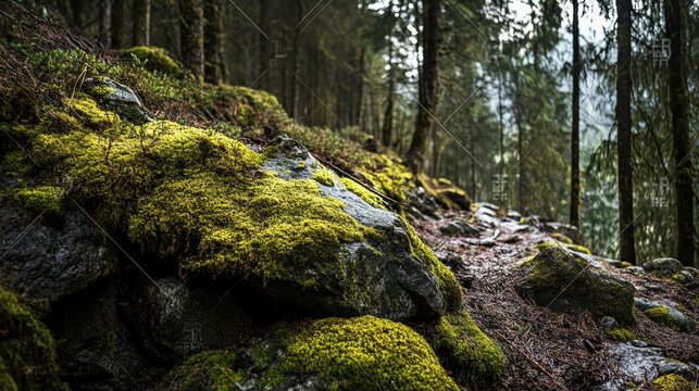 Lush green moss covers rocks in a dense, dark forest