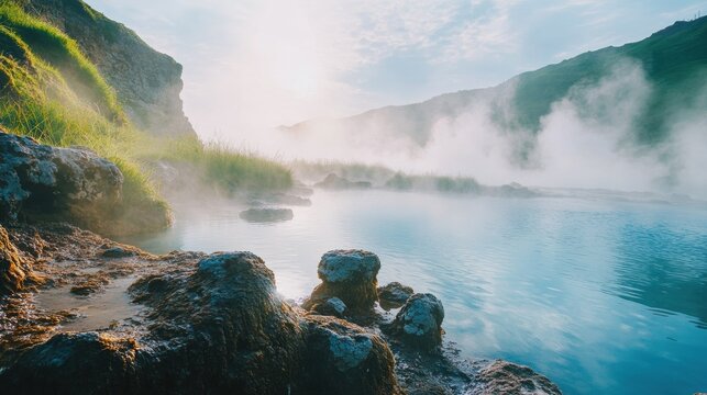 Misty morning over a geothermal hot spring with rocky shore