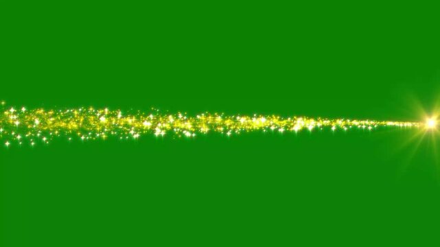 4k horizontal golden glitter shooting star passing across green screen background with bright starburst light flare for dynamic motion graphics elements