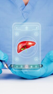 Doctor using a telemedicine and AI mobile app for digital liver monitoring and liver cancer detection. Modern hepatology concept.