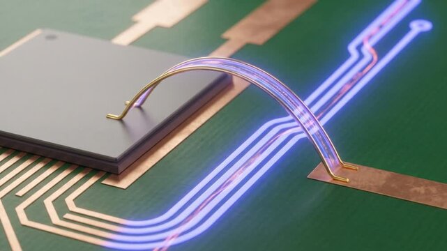 半導体基板上の純金ワイヤーボンディングが発光しデータ伝送を開始する超精密マクロCG