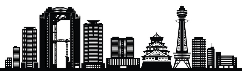 Obraz premium Osaka city skyline silhouette outline with silhouette architecture building