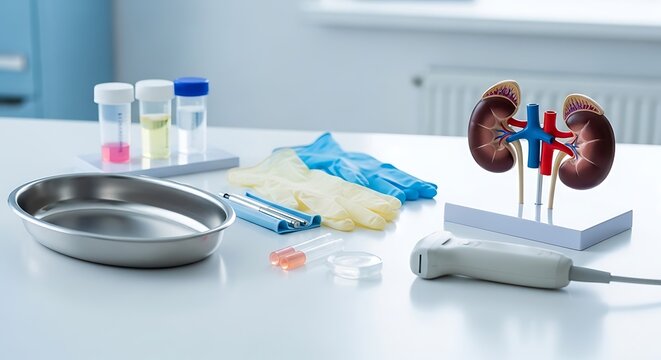 Kidney model with medical supplies on table.
