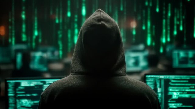 Anonymous Hacker in a Hoodie Coding in a Dark Room with Green Digital Rain.