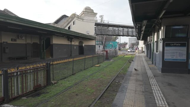 Departure tracks and platform of the university train at La Plata station, La Plata, Buenos Aires, Argentina. D-Log M, 10-bit color, flat log profile.