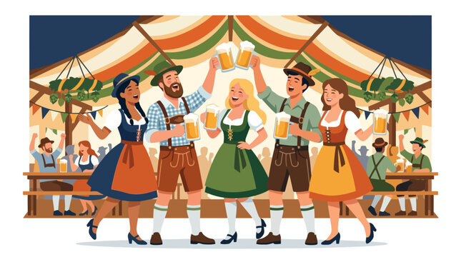 Traditional German Folk Dance Group Celebration Illustration. EPS Editable