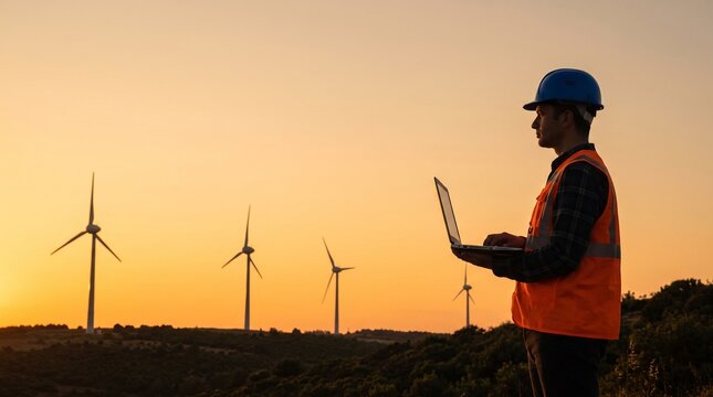Professional Engineer Conducting Wind Turbine Inspection at Clean Energy Facility During Golden Hour