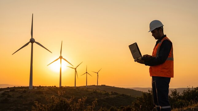 Professional Engineer Conducting Wind Turbine Inspection at Clean Energy Facility During Golden Hour
