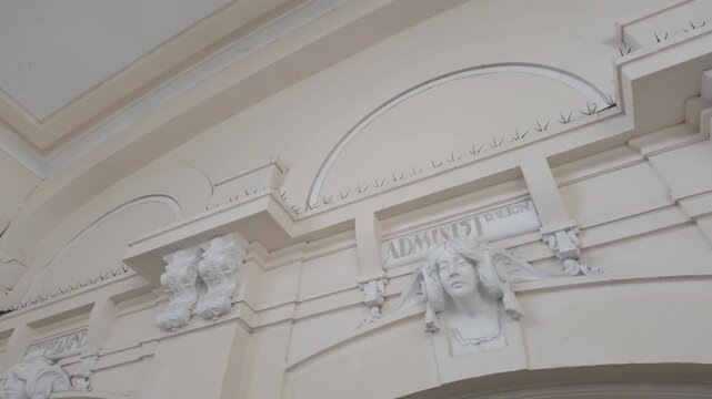 Visual tour of the hall's ornamental masonry at La Plata station, La Plata, Buenos Aires, Argentina. D-Log M, 10-bit color, flat log profile.