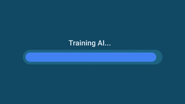 Animated motion graphics showing a blue progress bar training AI over a transparent alpha channel background. Represents machine learning model fitting, deep neural network training, or artificial int