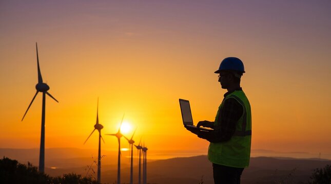Renewable Energy Technician Inspecting Wind Turbines Using Laptop in Sustainable Power Plant