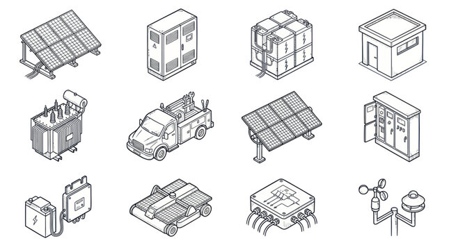 Collection of Isometric Icons Representing Renewable Energy and Technology.