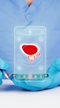 Doctor using a telemedicine and AI mobile app for digital prostate monitoring and early disease detection. Modern urology concept.