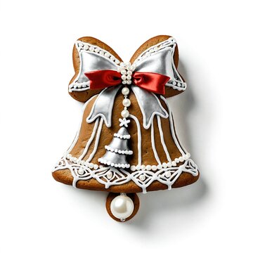 Beautifully decorated gingerbread bell cookie with white icing and silver bow
