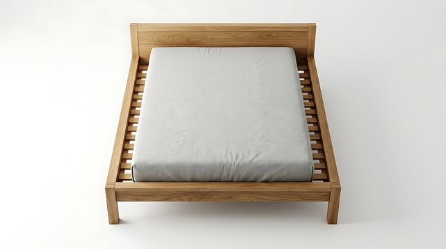 Modern minimalist wooden bed frame with a grey mattress on a slatted base isolated on a white background for home interior furniture design