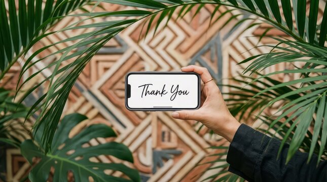 Person holding smartphone displaying thank you message against a decorative geometric wall with screen against textured wall framed green green palm leaves