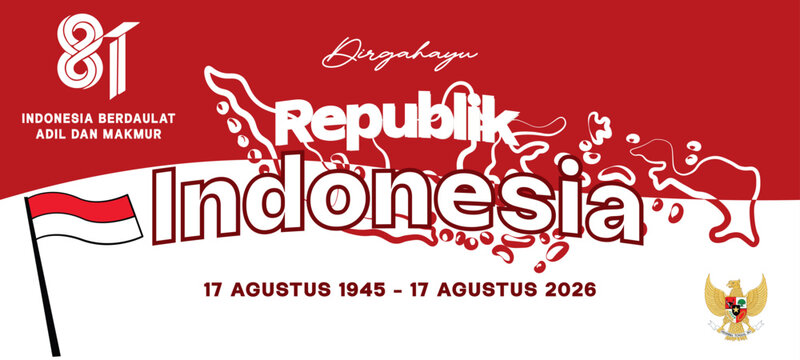 Deskripsi (Maksimal 200 karakter):
Desain spanduk perayaan HUT RI ke-81. Menampilkan bendera Merah Putih, lambang Garuda Pancasila, peta Indonesia, dan perlombaan tradisional Panjat Pinang
