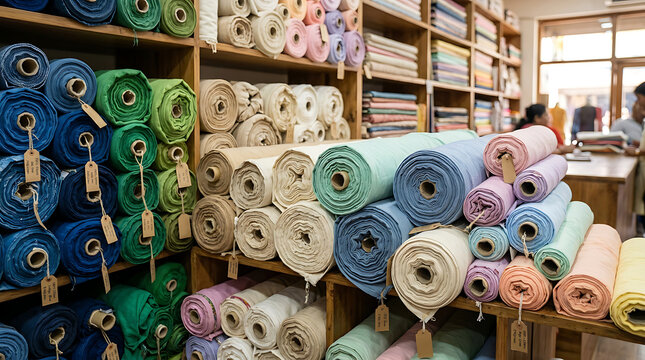 Brightly lit indoor display of colorful fabric rolls on wooden shelves with evoking sense organized craftsmanship material variety showcases vibrant assortment