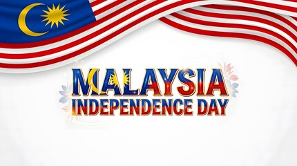 Obraz premium Vibrant horizontal header design for 31 August Malaysia Independence Day with a large wavy flag draped across the top border and centered holiday title text.