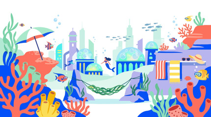 Fototapeta premium Whimsical Underwater City Illustration Featuring Mermaid and Vibrant Coral Reef. EPS Editable