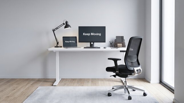 Minimalist modern home office workspace featuring ergonomic chair adjustable standing desk laptop with displays contemporary home illuminated natural light