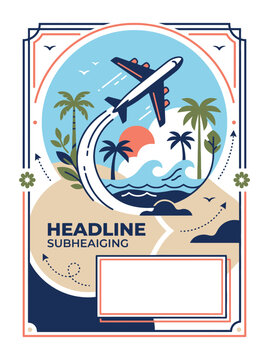 Vintage Travel Poster Featuring Airplane Flying Over Tropical Beach Landscape Illustration. EPS Editable