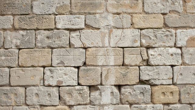 Ancient stone brick wall weathered texture and neutral tones