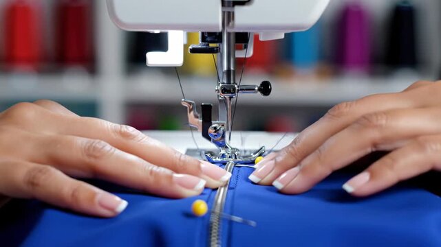 Close up of hands sewing a blue garment with zipper