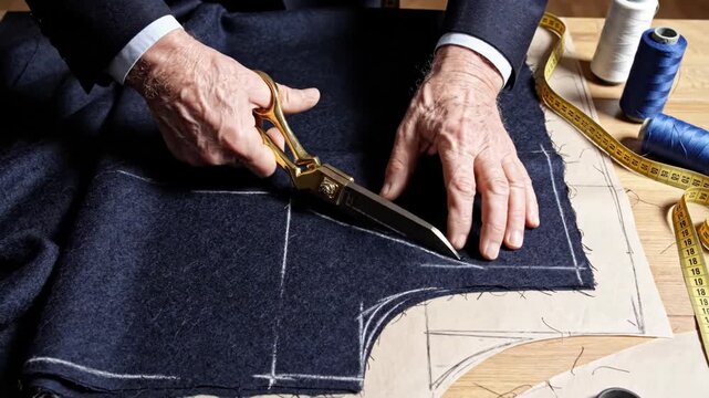 Professional tailor cutting blue wool fabric with gold metal scissors