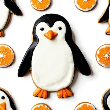 Cute frosted penguin holiday cookie surrounded by scattered orange slices pattern
