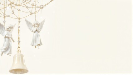 Fototapeta premium White angel figurines and bell hang gracefully against a soft, starry background.