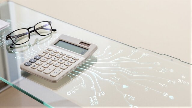 Calculator and glasses on glass table with circuit board overlay.