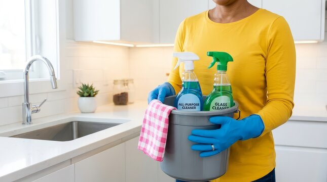Person wearing rubber gloves carrying cleaning supplies bucket inside modern bright kitchen home maintenance task with plastic bucket