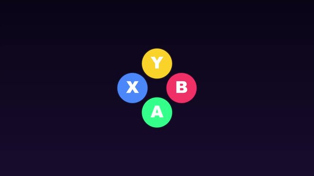 Gaming controller buttons animation: colorful abxy symbols for digital interface and esports media 4k