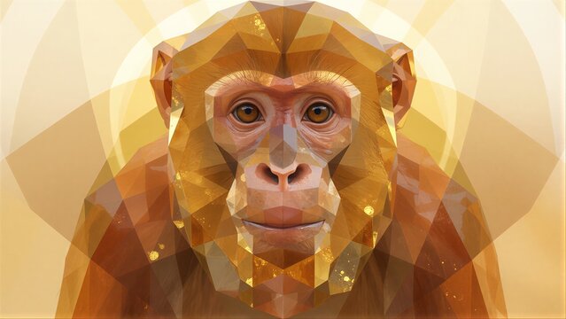 Golden monkey with geometric facets, warm sunburst background.