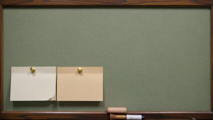 Obraz premium Green corkboard with two pinned notes and a marker resting on its edge.