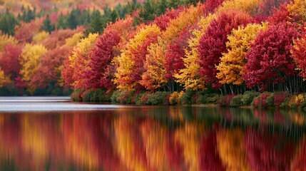 Vibrant autumn foliage reflects on calm lake water, showcasing vibrant fall colors in a forest landscape © The Little Hut