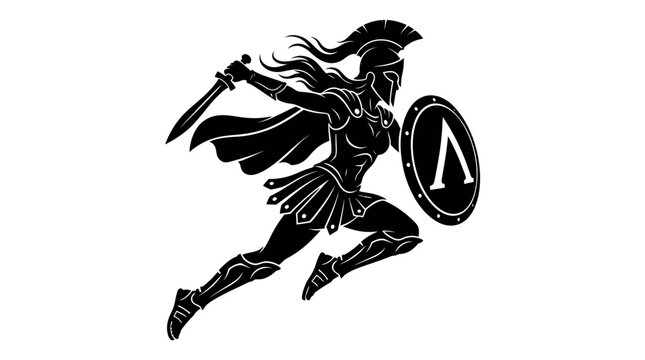 Running Spartan female warrior with sword and shield.