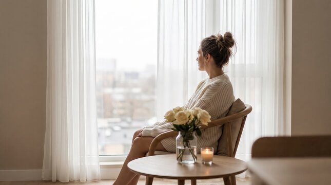 Pensive young woman sitting comfortably in armchair looking through bright window during quiet morning time with vase white roses candle table nearby