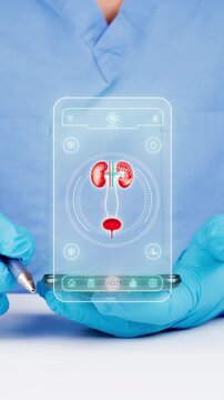 The doctor uses a telemedicine and artificial intelligence mobile app for digital monitoring of the female urinary system. Modern concept of women's health.
