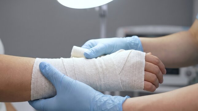 Medical professional applying sterile elastic compression bandage wrap to injured patient wrist in clinic with displays healthcare professional
