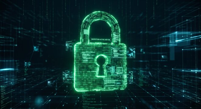 Glowing holographic padlock made of green binary code in cyberspace