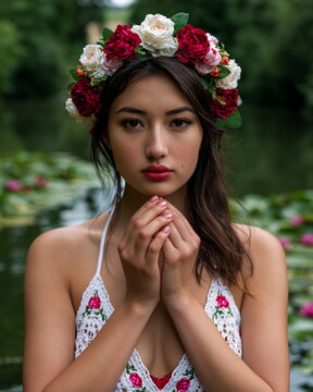 Mysterious Rusalka Enveloped in Ethereal Mist by Moonlit Lake, Evoking Enchantment and Timeless Beauty