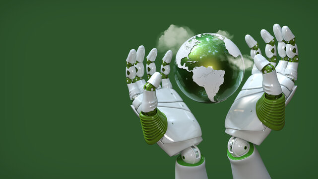 White Robotic Hands Holding Green Globe on Green Background