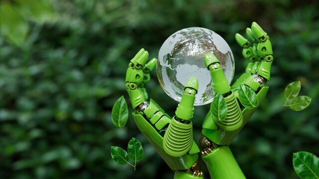 Green Robotic Hands Surrounding Glass Globe in Forest