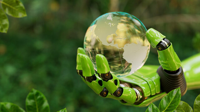 Green Robotic Hand Holding Glass Globe in Forest
