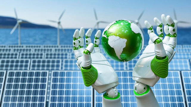 Robotic Hands Holding Globe Above Solar Panels and Wind Turbines